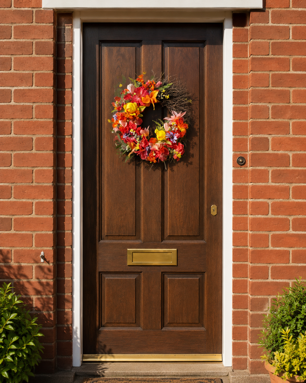 Vibrant Harmony twig-base wreath on a stained wooden door, red brick UK setting