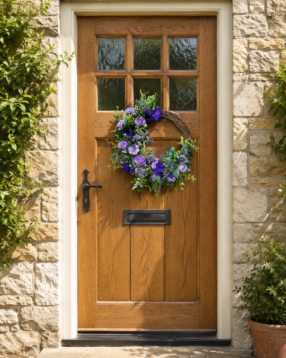Lavender and Purple Crescent wreath on a honey oak Cotswolds cottage door