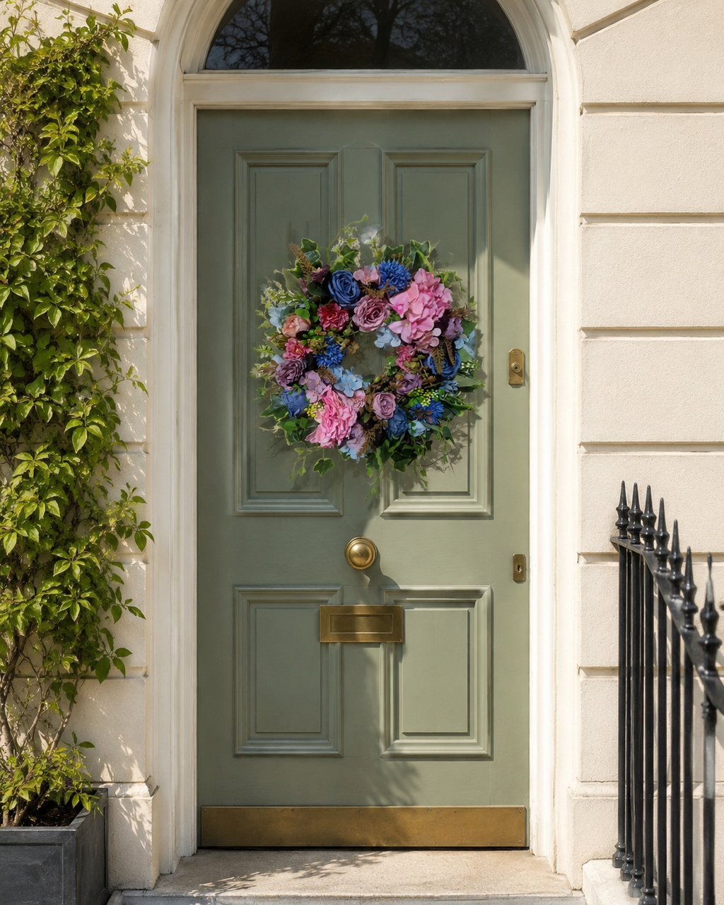 Dusty Rose and Blue Hydrangea summer wreath on a sage green Georgian door
