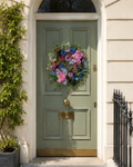 Dusty Rose and Blue Hydrangea summer wreath on a sage green Georgian door