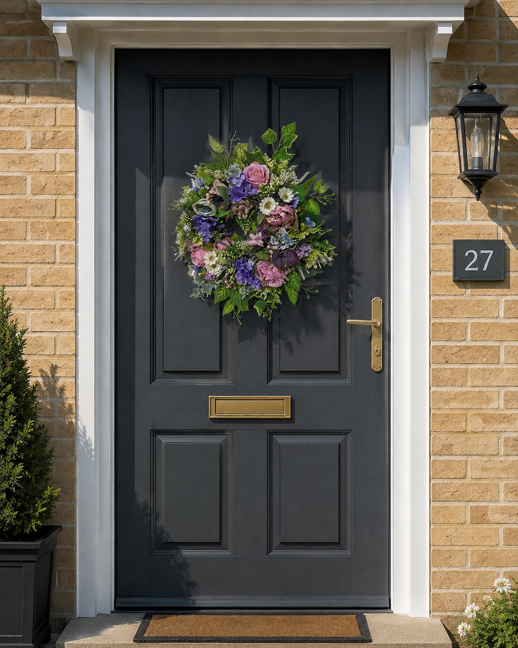 Blossoming Symphony peony wreath on a charcoal suburban door