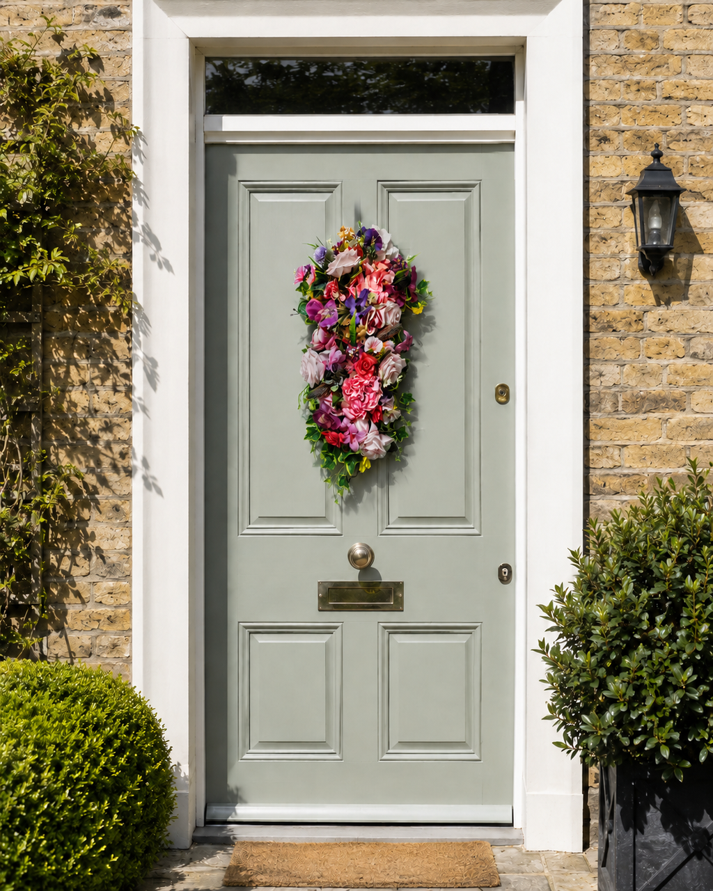 Pastel Pink Rose and Lavender vertical door swag on a sage green Georgian door, yellow stock brick