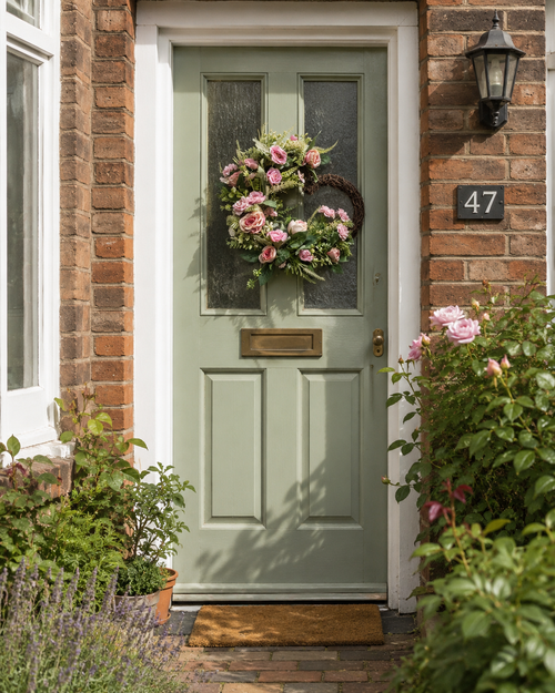 Blushing Peony Dream half-moon grapevine wreath on a sage green cottage door