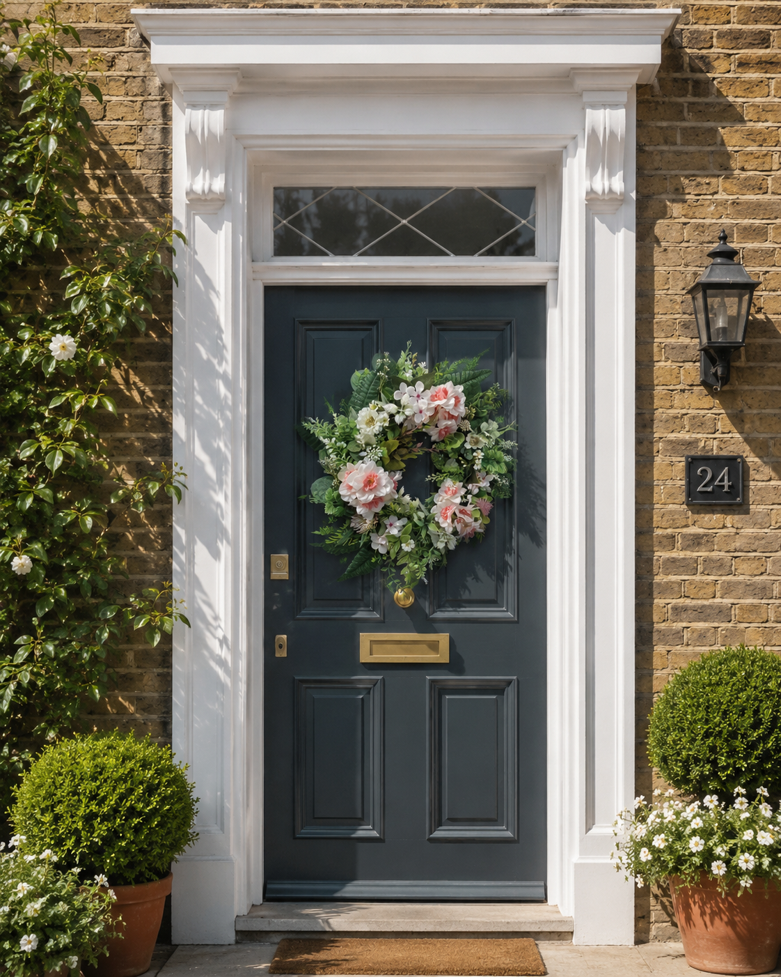 Pink Petals pale pink and ivory rose wreath on a navy Mayfair Georgian door
