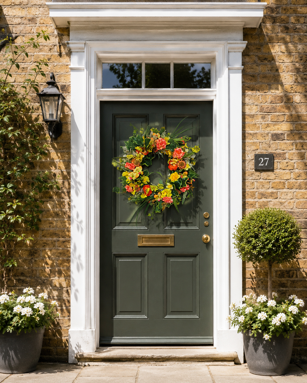 Coral, Rose and Yellow Asymmetry whispy grapevine wreath on a sage green Georgian door