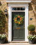Coral, Rose and Yellow Asymmetry whispy grapevine wreath on a sage green Georgian door